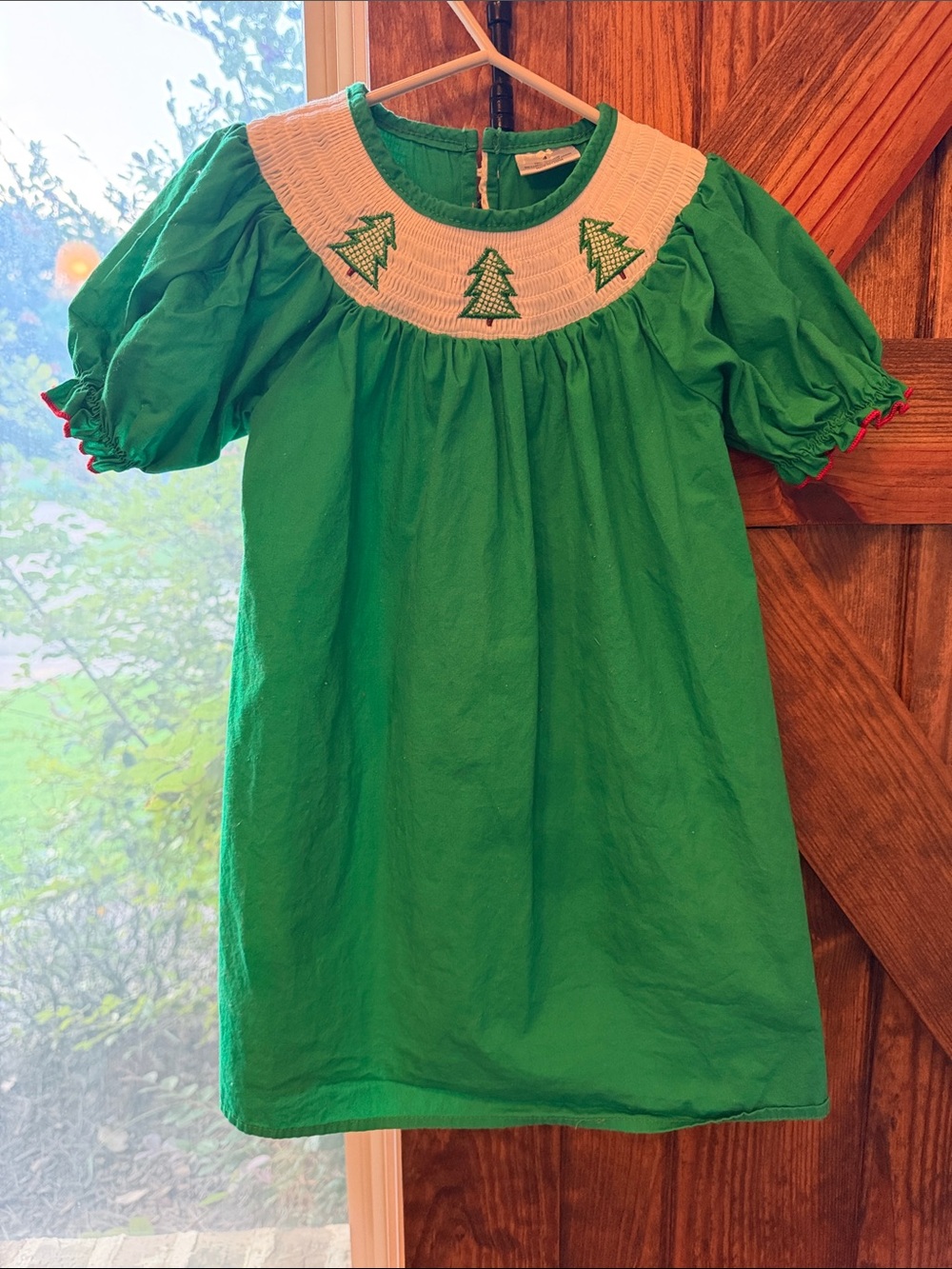 Green Smocked Dress with Tree Motif-Size 4